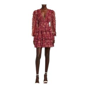 House of Harlow Boho Mini Dress Maroon Orange Floral V Neck Ruffle Tiered Small